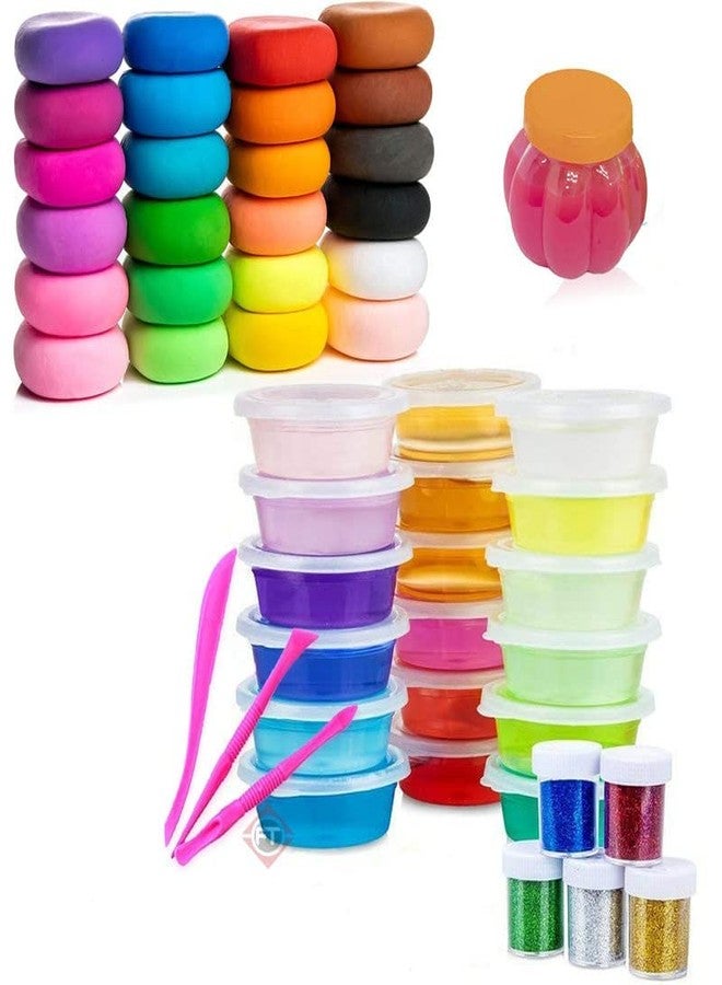 Firstly Traders Art and Craft Supply Return Gift Item for Kids| Combo of 12pcs Crystal Slime Tubs+ 12pcs Air Dry Clay+1 Slime Pot+ Modelling Tools+ Glitter Packs - Image 1